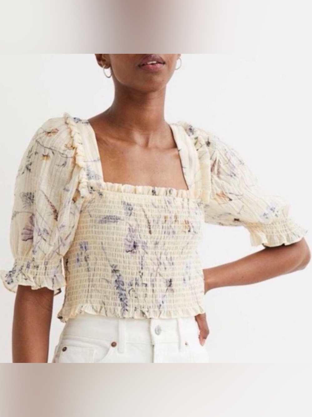 BOHO H&M Cropped Smocked Cream Floral Top Size Large